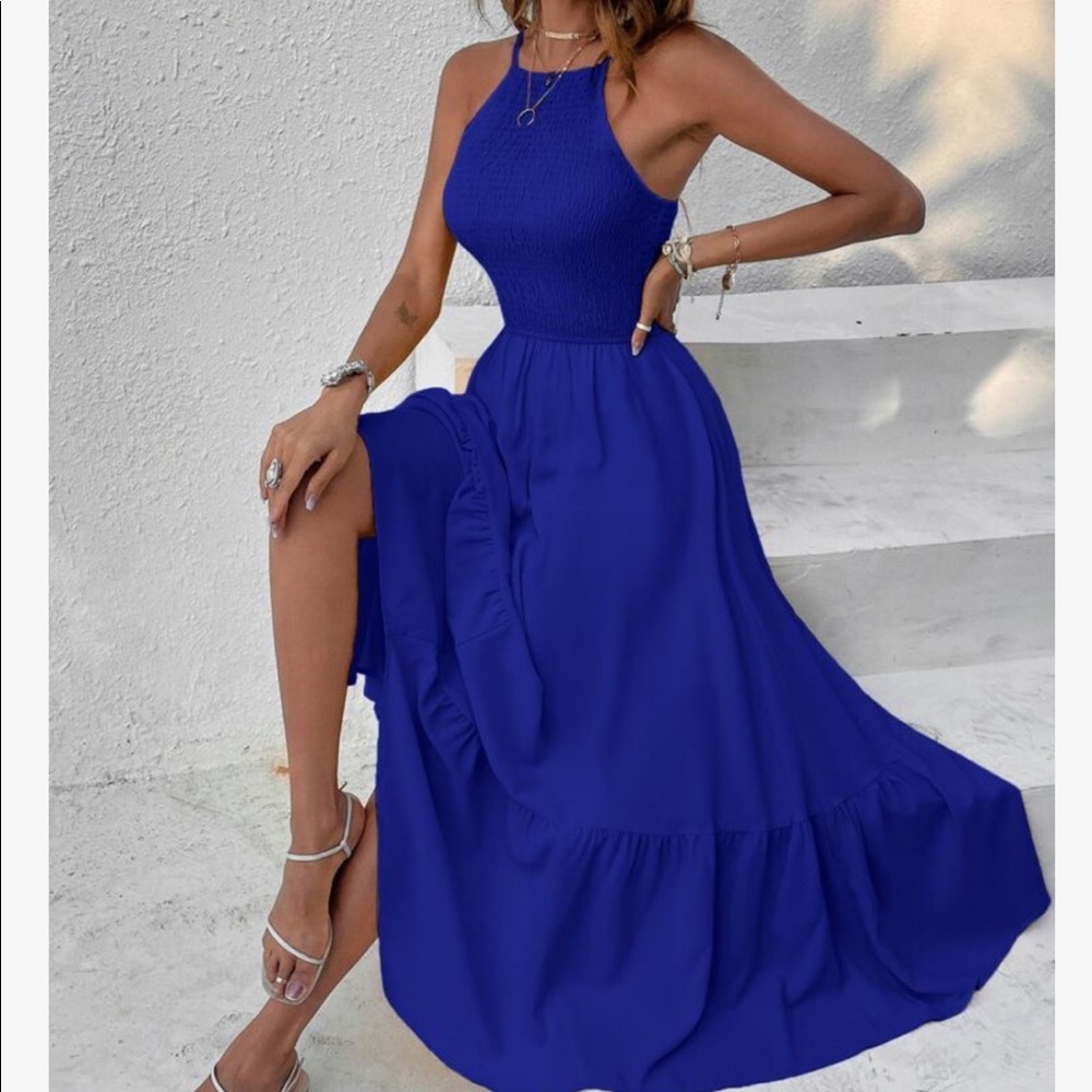 Boho Smocked Bodice Asymmetrical Hem Ruffle Cami Maxi Dress BLUE - Picture 5 of 14